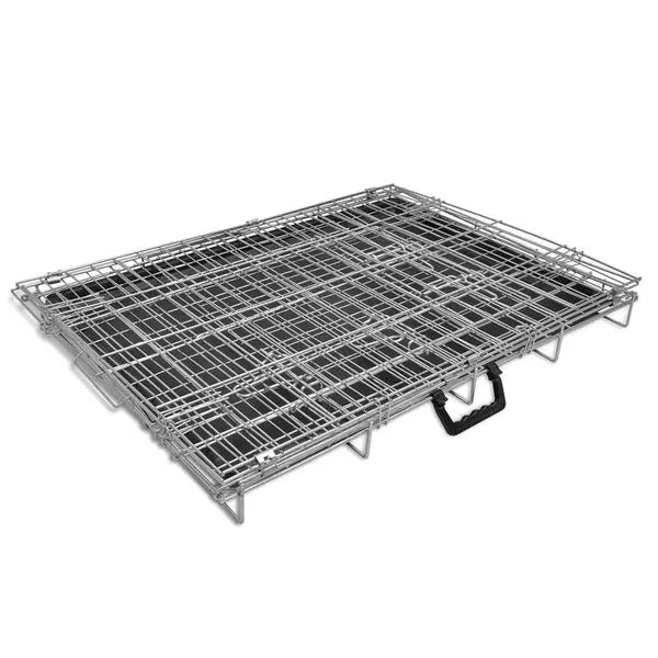 Collapsible galvanised steel dog crate folded flat with its integrated carry handle, on a white background