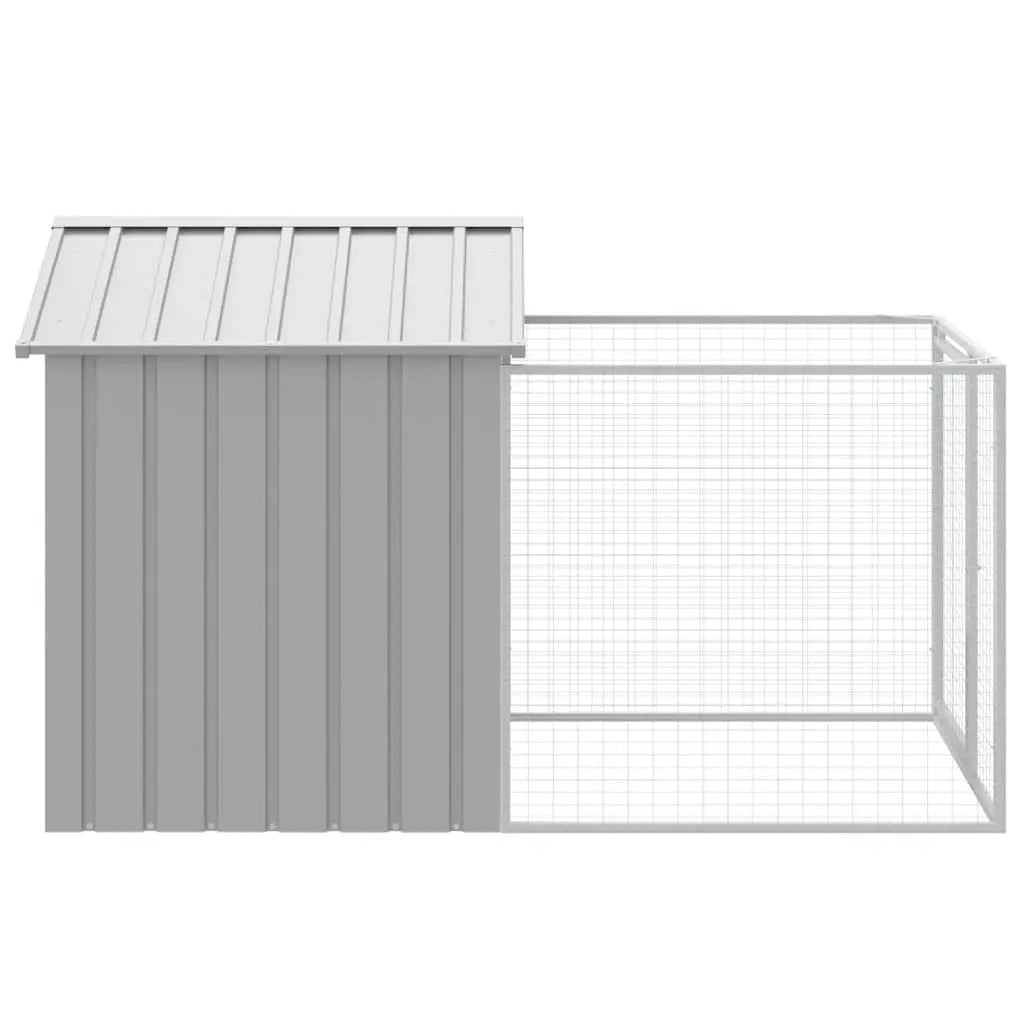 Side view of the galvanised steel dog kennel showing the enclosed sleeping section next to the mesh run