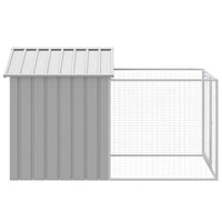 Side view of the galvanised steel dog kennel showing the enclosed sleeping section next to the mesh run