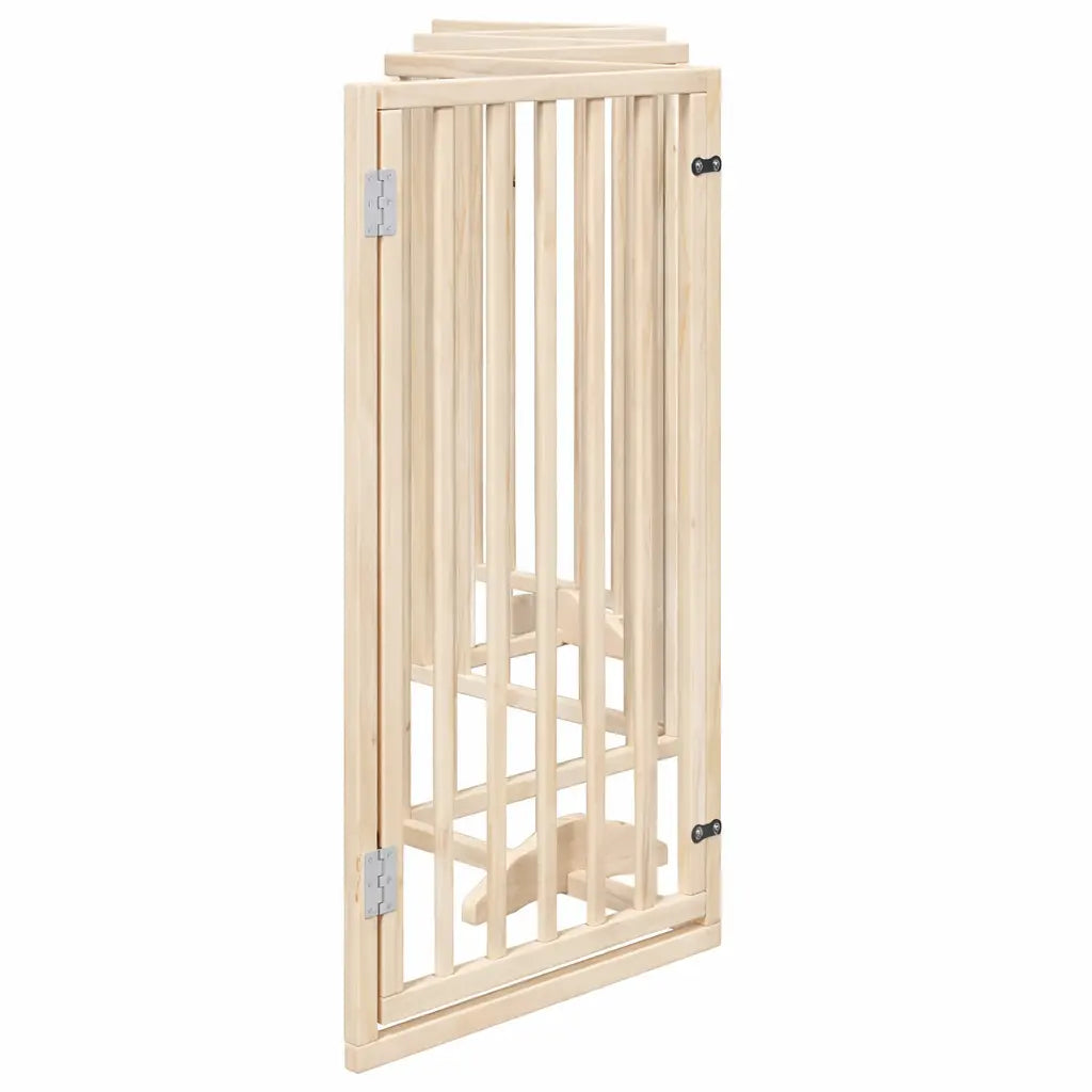 Natural wood dog gate folded flat for storage, showing the space-saving depth of the 300 cm barrier