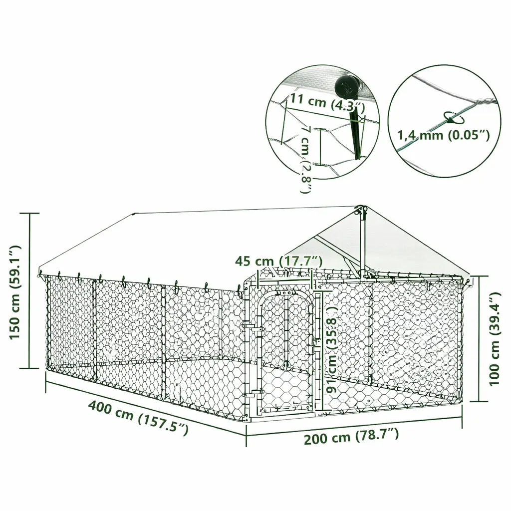 Dimension diagram of the outdoor dog kennel showing 400 x 200 x 150 cm overall size and 7 x 11 cm mesh