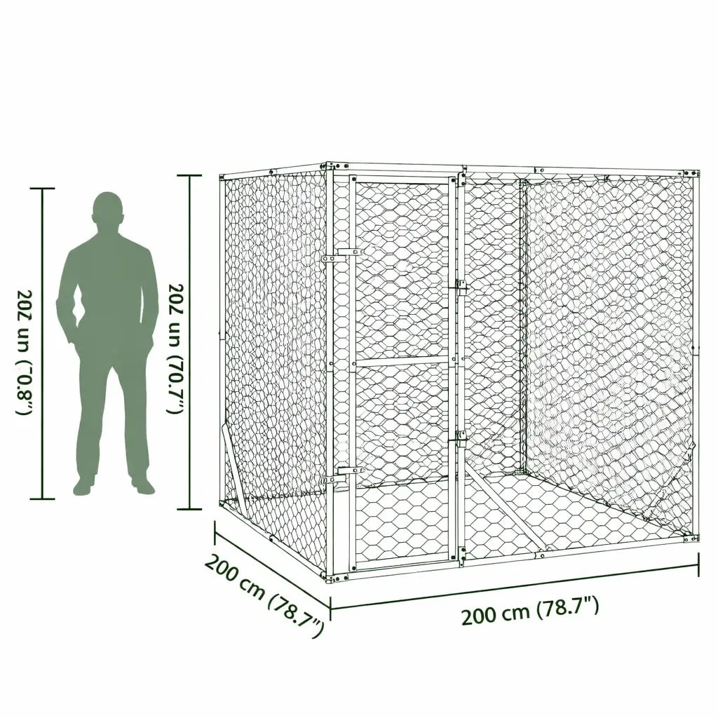 Height comparison showing the 2 m tall galvanised steel dog run beside a human silhouette