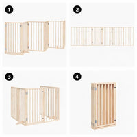 Four-view diagram of the six-panel dog gate in zigzag, straight, U-shape and fully folded arrangements