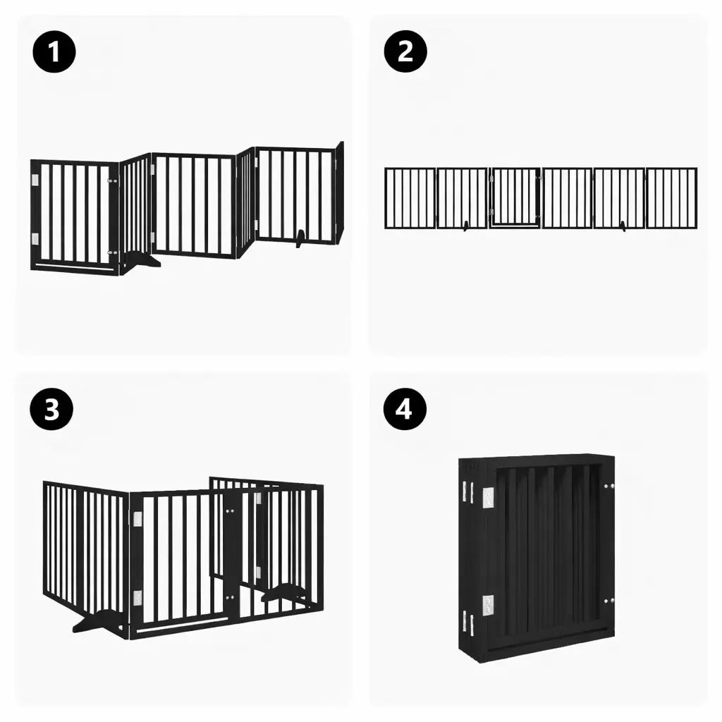 Black wooden foldable dog gate with door, six-panel freestanding barrier for small to medium dogs