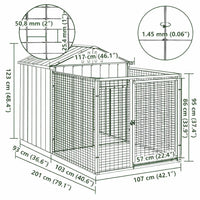 Dimension diagram of the dog kennel and run, 117 x 201 x 123 cm, with the 50.8 x 25.4 mm mesh size marked
