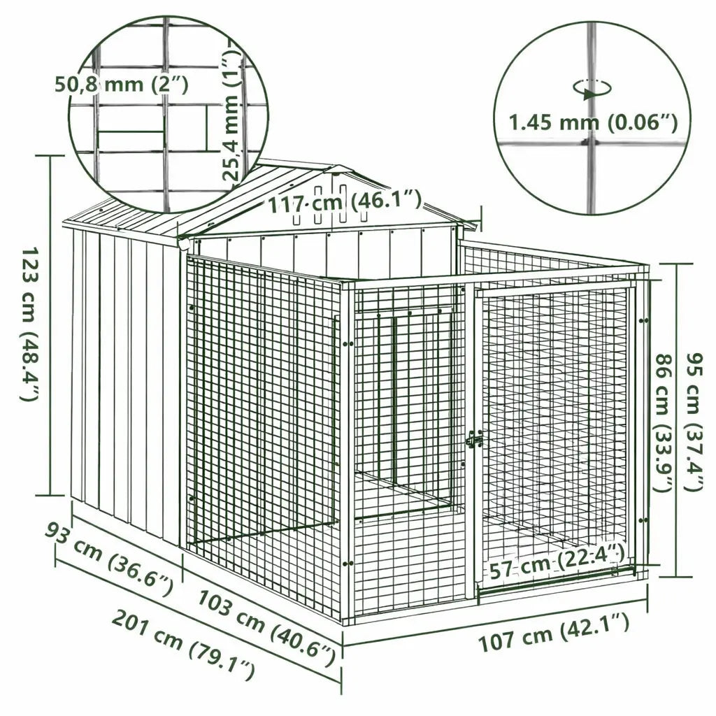 Dimension diagram of the dog kennel and run, 117 x 201 x 123 cm, with the 50.8 x 25.4 mm mesh size marked