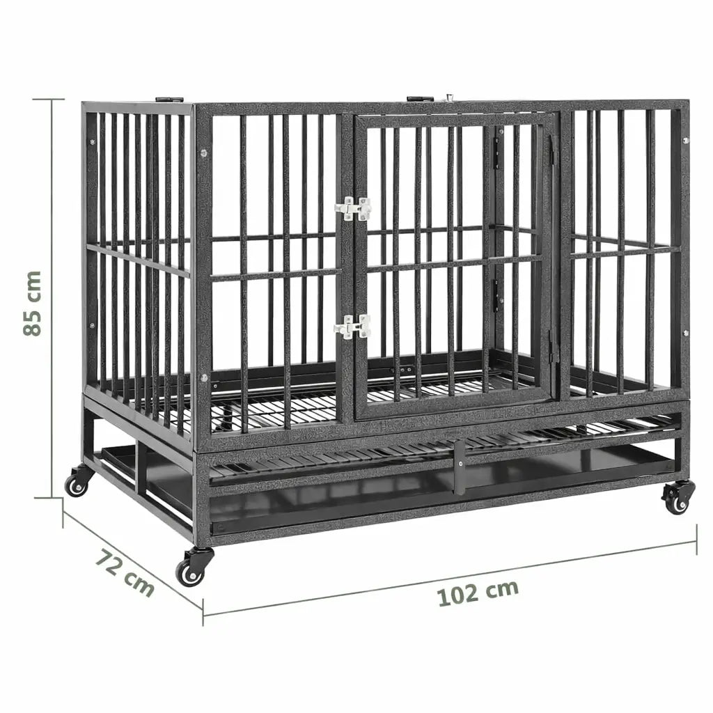Steel dog crate on castors with overall dimensions 92 x 62 x 76 cm marked, on a white background