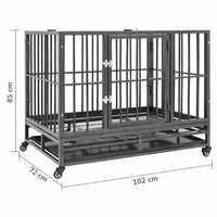 Steel dog crate on castors with overall dimensions 92 x 62 x 76 cm marked, on a white background