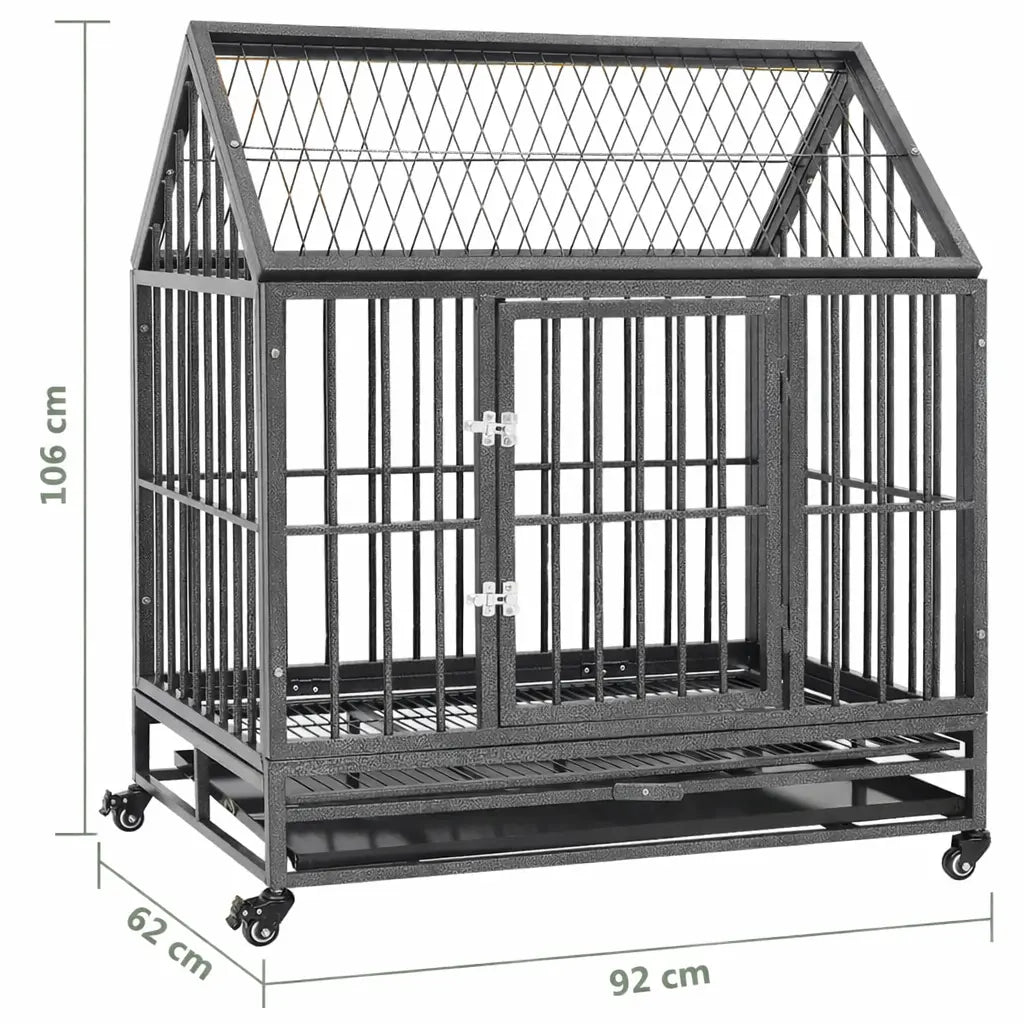 Steel dog crate with roof showing overall dimensions 92 x 62 x 106 cm on a white background