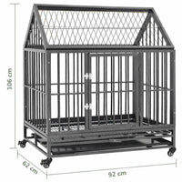 Steel dog crate with roof showing overall dimensions 92 x 62 x 106 cm on a white background