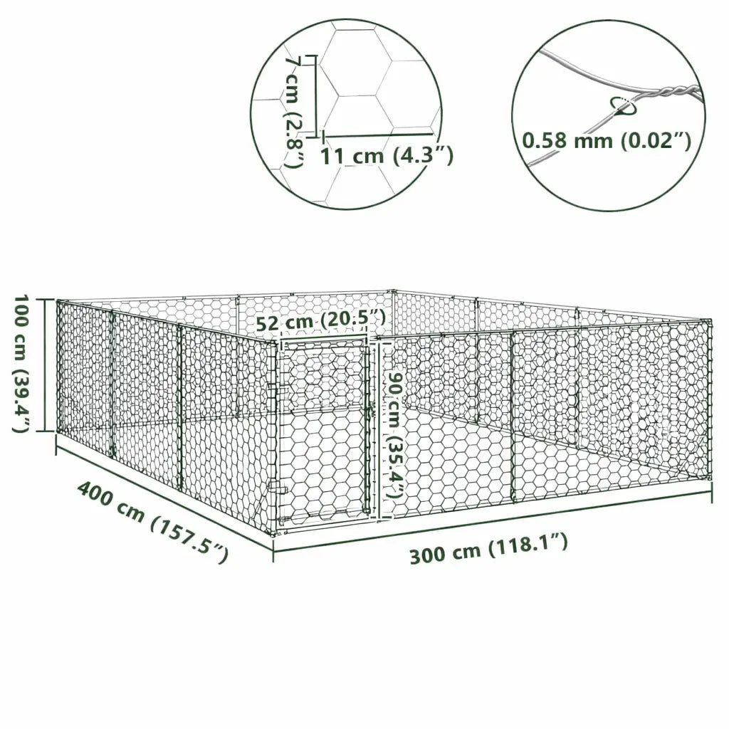Dimension diagram of the dog run showing the 3 x 4 x 1 m overall size and 7 x 11 cm mesh aperture
