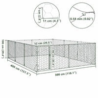 Dimension diagram of the dog run showing the 3 x 4 x 1 m overall size and 7 x 11 cm mesh aperture
