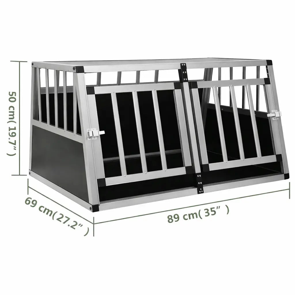 Measurement diagram of the double door car dog crate showing 89 x 69 x 50 cm dimensions