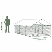 Height comparison of the 150 cm outdoor dog kennel with roof beside an adult human silhouette