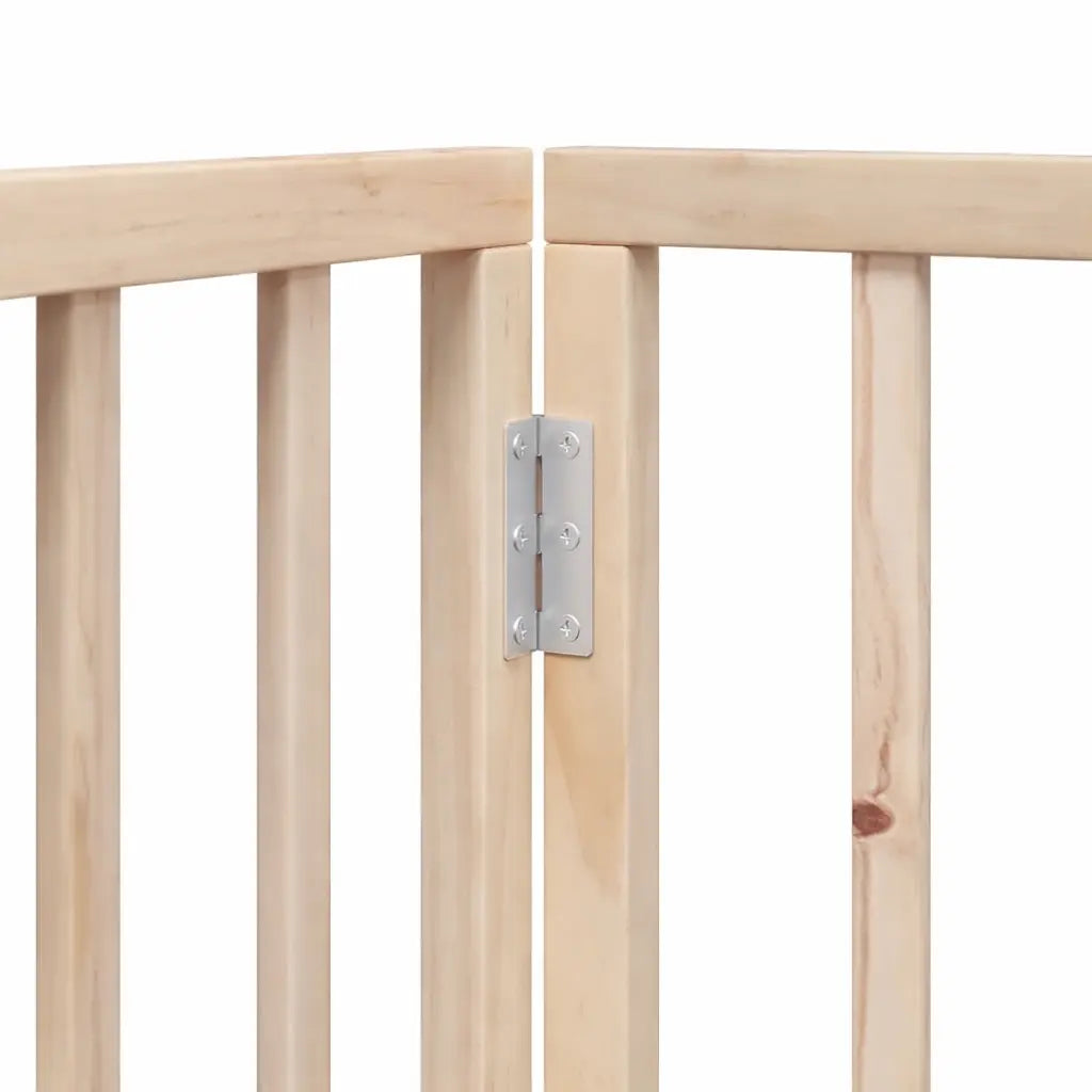 Close-up of the metal hinges joining two poplar wood panels of the foldable dog gate