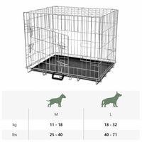 Dog crate size guide showing recommended weight ranges in kilograms and pounds for medium and large dogs