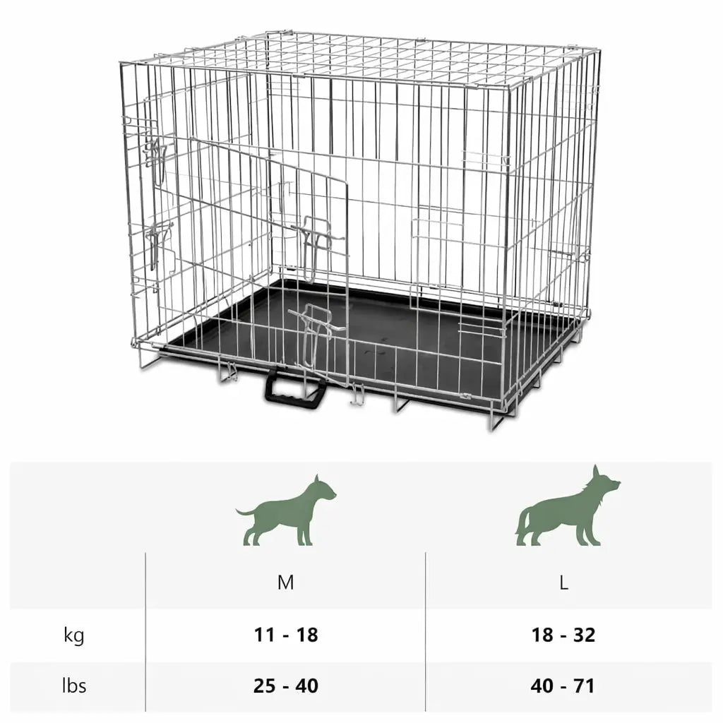 Dog crate size guide showing recommended weight ranges in kilograms and pounds for medium and large dogs