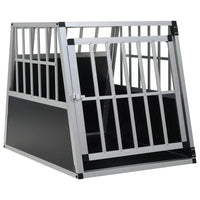 Silver aluminium single door dog crate for a car boot with black MDF side panels, on a white background