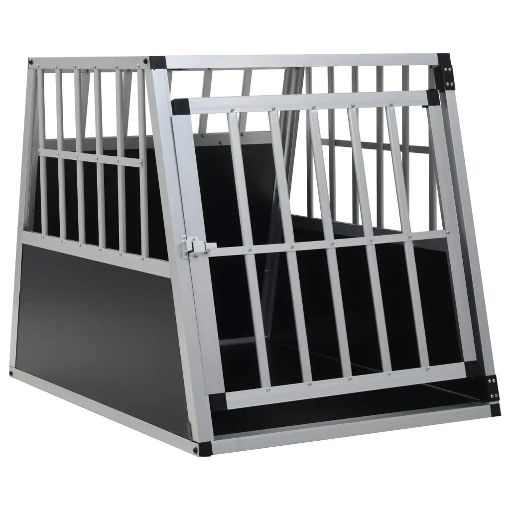 Silver aluminium single door dog crate for a car boot with black MDF side panels, on a white background