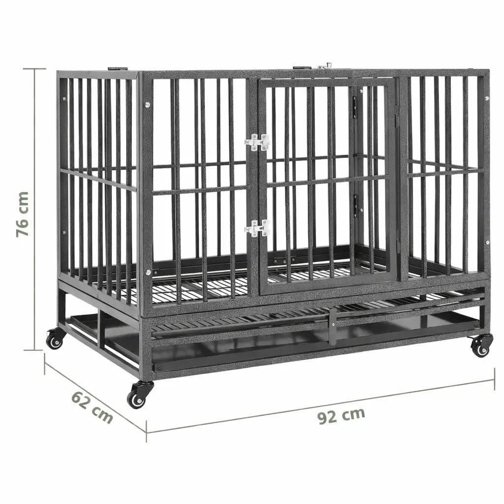 Larger size steel dog crate on wheels with overall dimensions 102 x 72 x 85 cm marked, on a white background