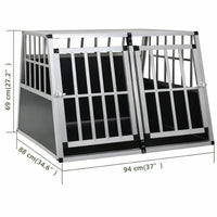 Larger 94 cm wide aluminium and MDF double door car dog crate with its measurement diagram