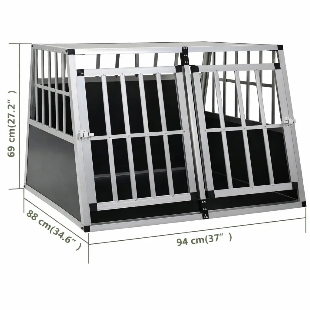 Larger 94 cm wide aluminium and MDF double door car dog crate with its measurement diagram