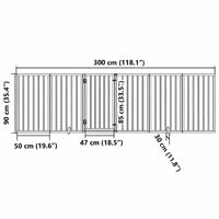 Dimension drawing of the tall dog gate showing 300 cm total width, 90 cm height, 50 cm panels and 6 cm bar spacing