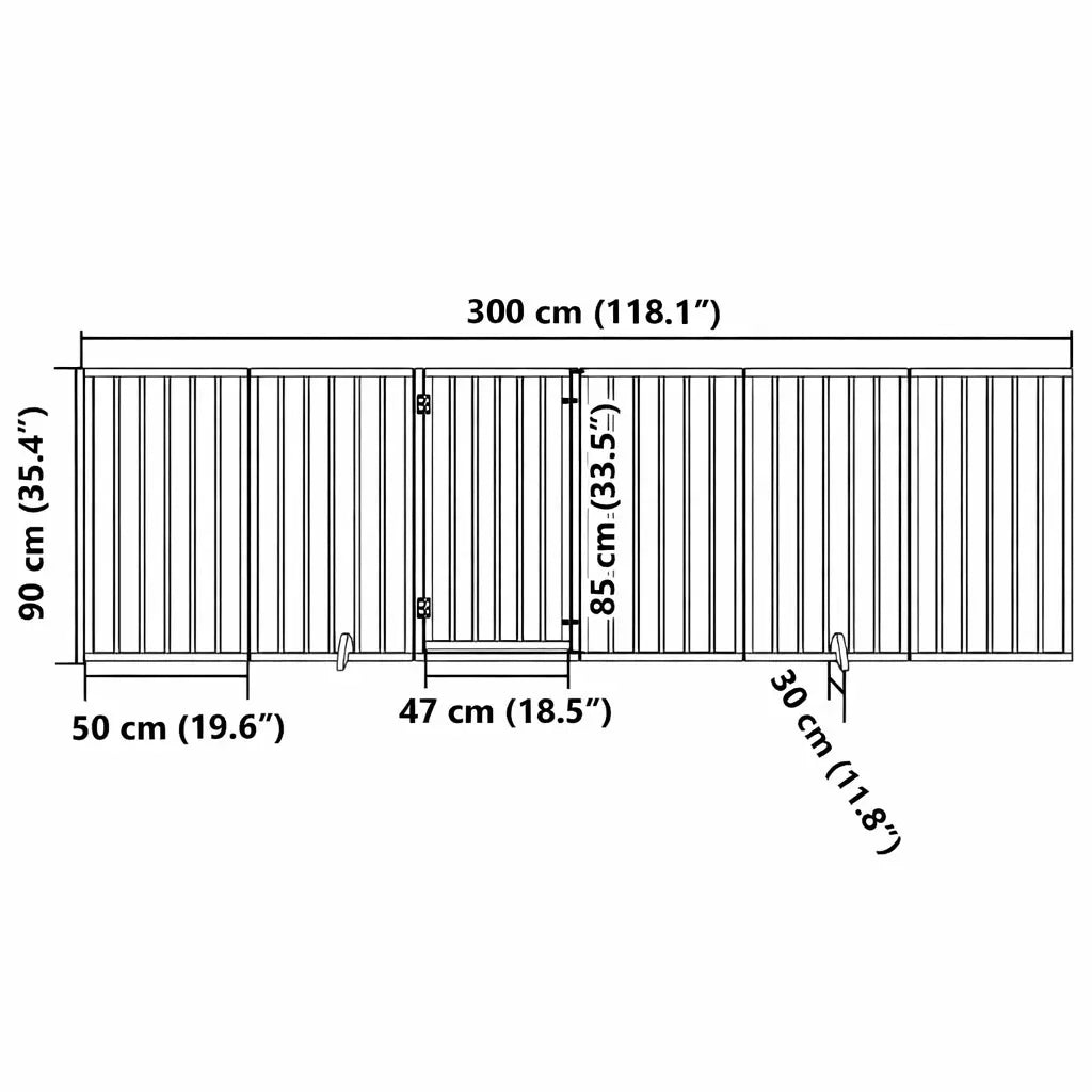 Dimension drawing of the tall dog gate showing 300 cm total width, 90 cm height, 50 cm panels and 6 cm bar spacing