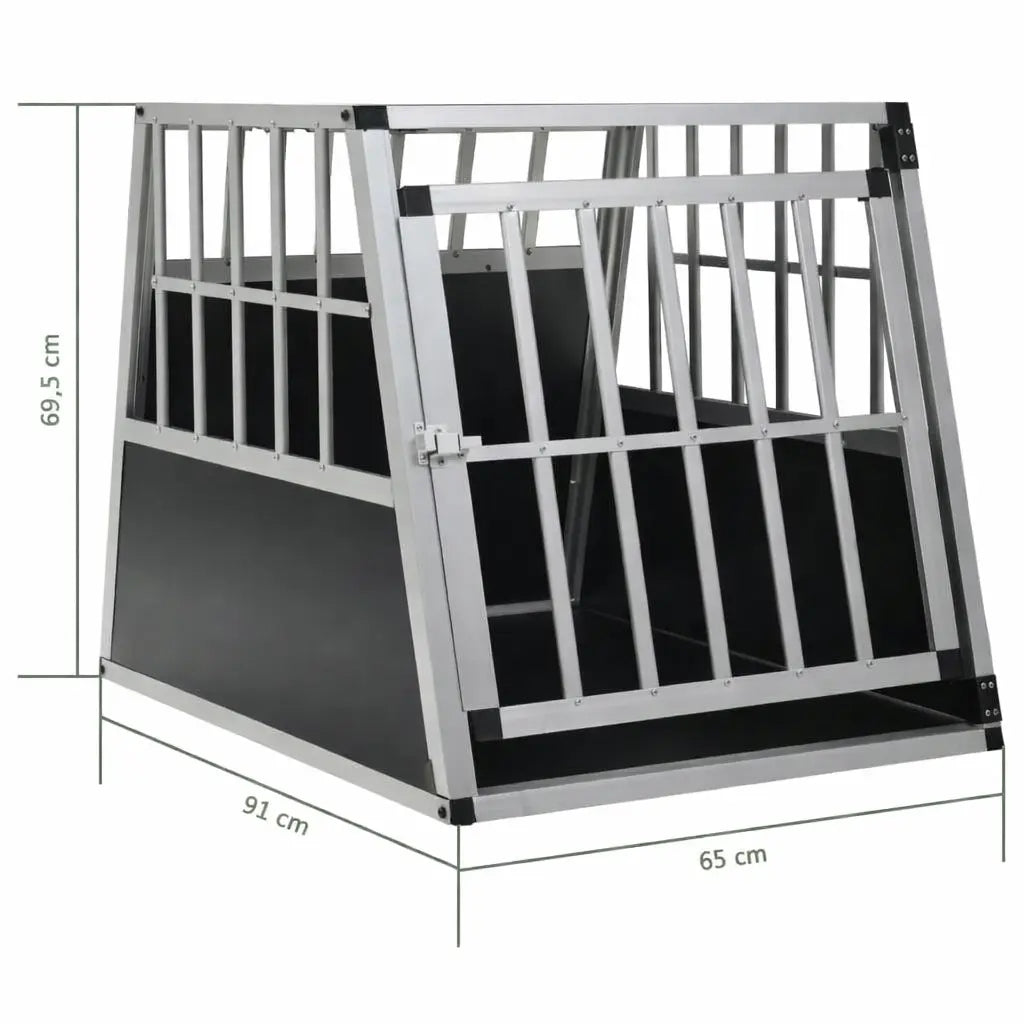 Larger size single door aluminium dog car crate shown with its measurement diagram