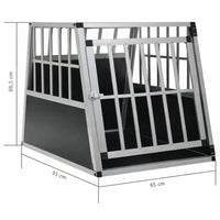 Larger size single door aluminium dog car crate shown with its measurement diagram