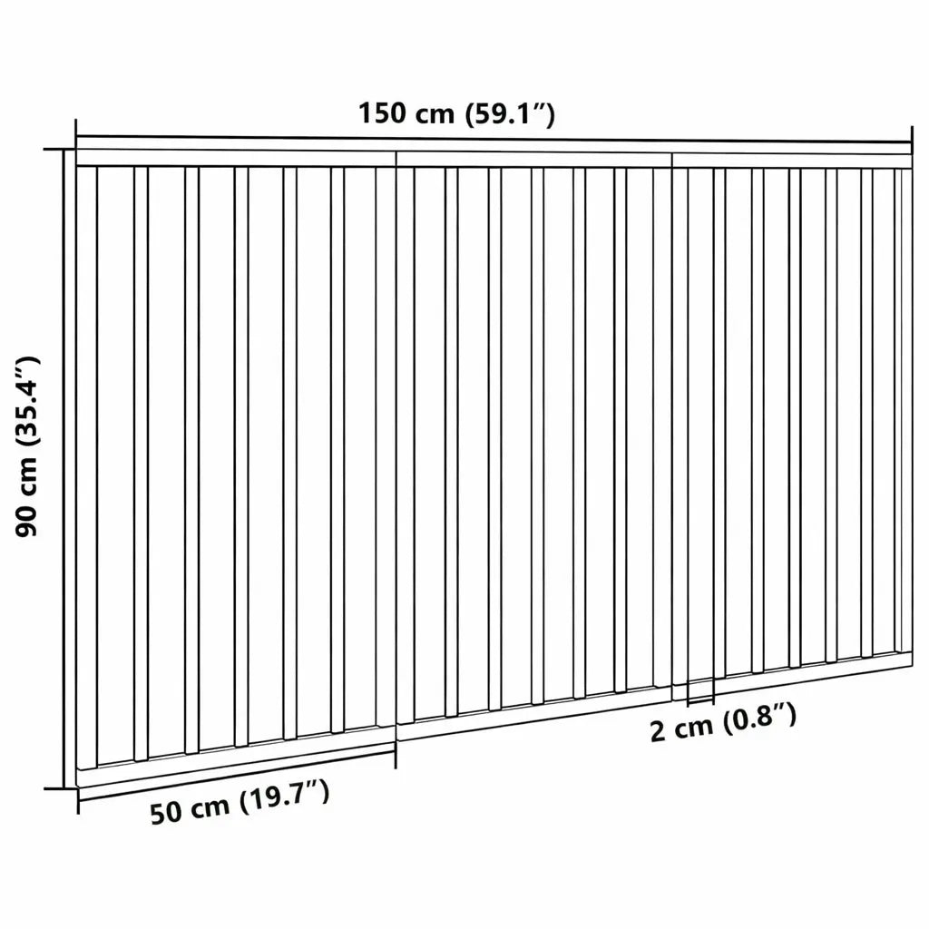 Dimension diagram of the three-panel dog gate showing 150 cm total width, 90 cm height and 2 cm panel thickness
