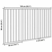 Dimension diagram of the three-panel dog gate showing 150 cm total width, 90 cm height and 2 cm panel thickness