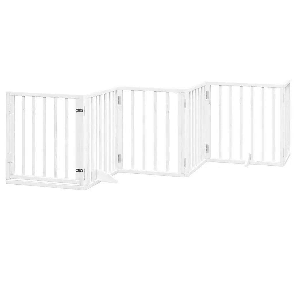 White foldable wooden dog gate with the walk-through door panel open, showing the locking mechanism