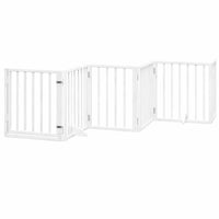 White foldable wooden dog gate with the walk-through door panel open, showing the locking mechanism
