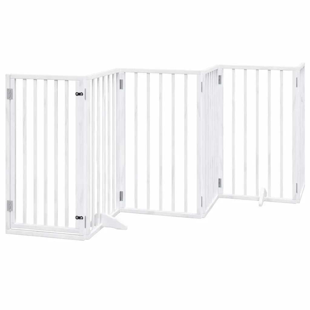 White foldable wooden dog gate with six panels, 300 cm total width, freestanding on a hard floor