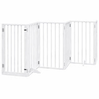 White foldable wooden dog gate with six panels, 300 cm total width, freestanding on a hard floor
