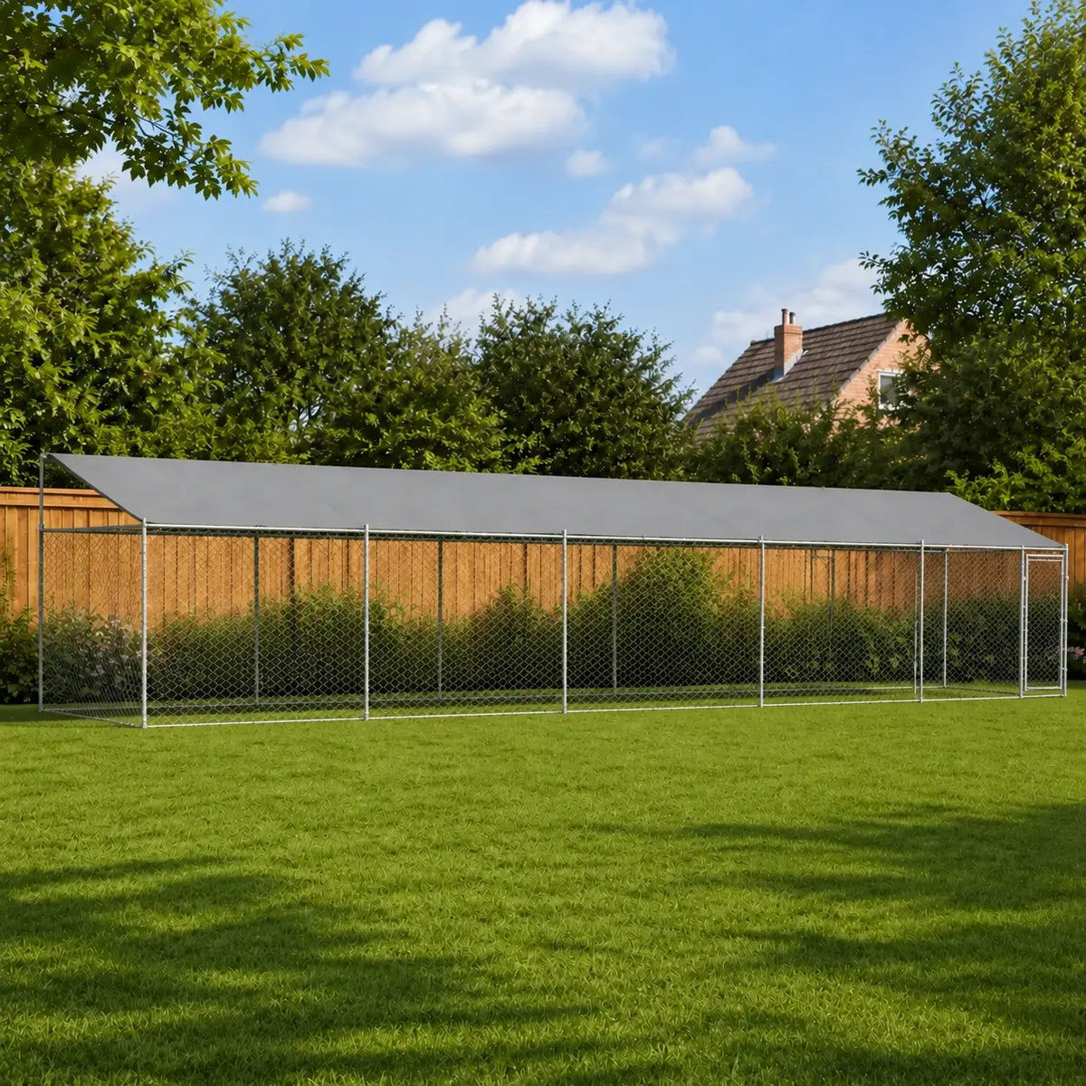 A long chain-link dog run with a dark gray roof, set up in a backyard on a green lawn with a wooden fence and trees in the background.