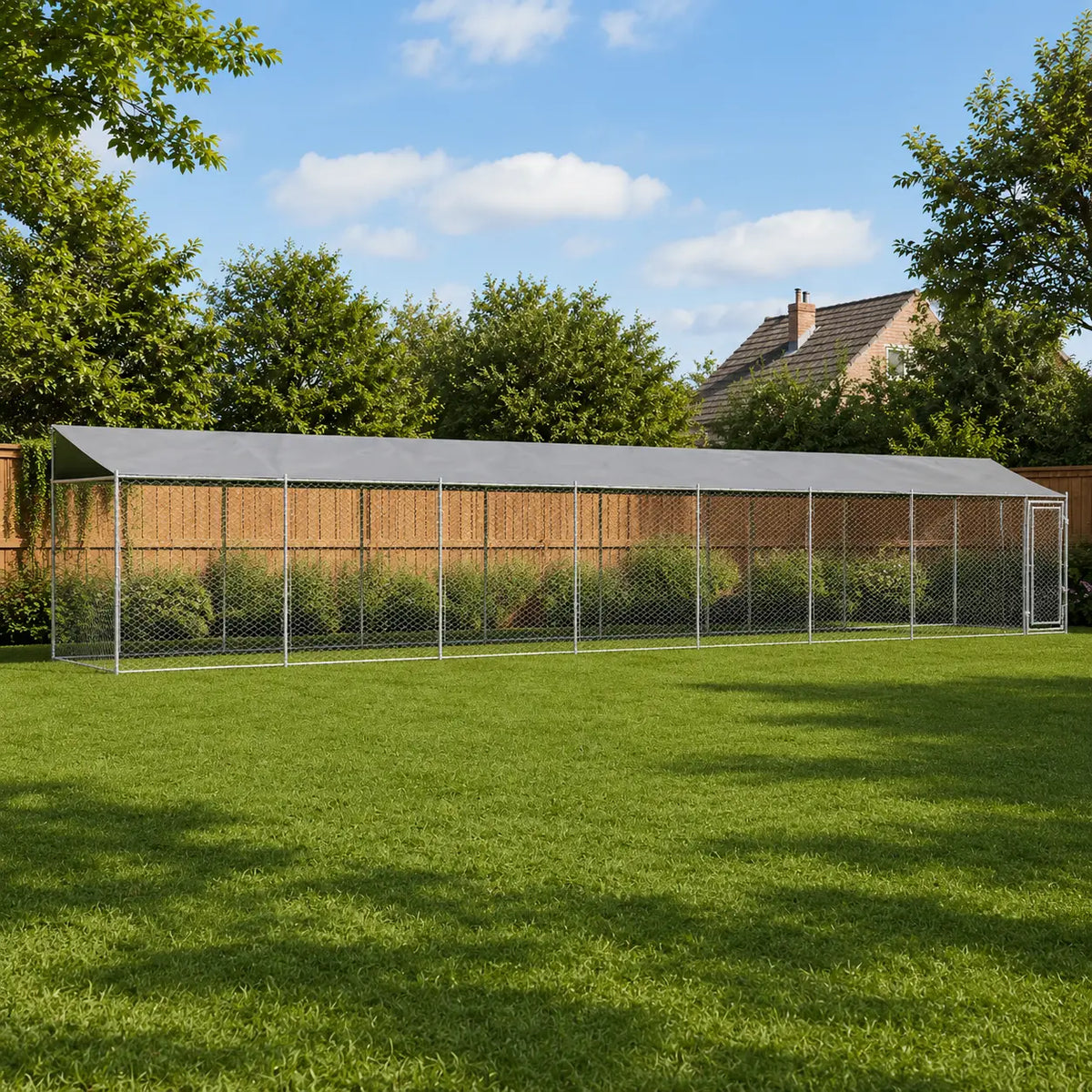 A long outdoor dog run or exercise pen with a gray roof and chain-link mesh sides, set on a green lawn in a backyard with trees, a wooden fence, and a house visible in the background.