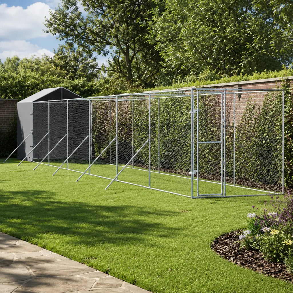 Extra large galvanized steel outdoor dog run on lawn, heavy-duty extended dog kennel enclosure