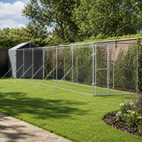 Extra large galvanized steel outdoor dog run on lawn, heavy-duty extended dog kennel enclosure