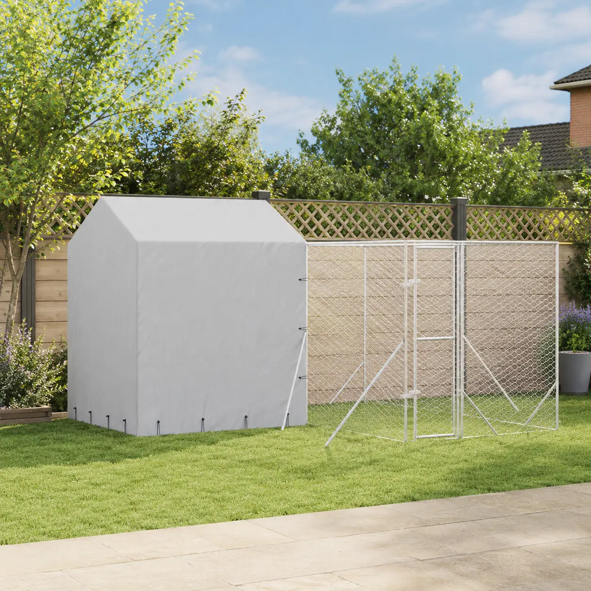 Dog kennel and run galvanised steel in garden
