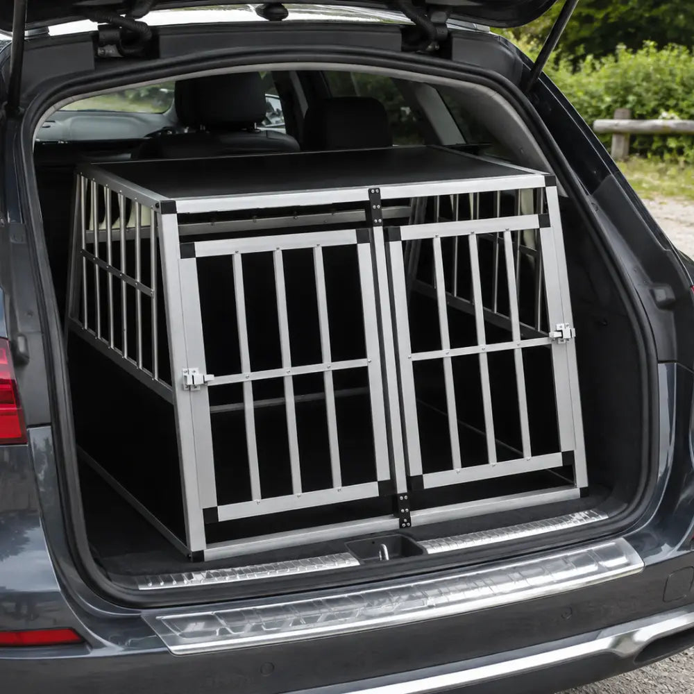 Double door aluminium dog crate placed inside a car boot