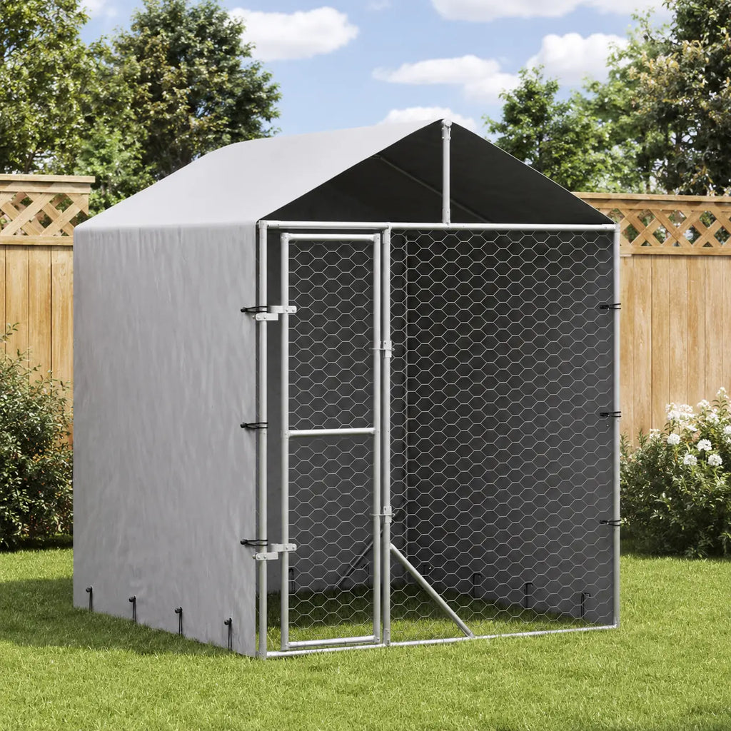 Outdoor dog kennel with peaked waterproof roof cover in backyard garden, galvanized steel wire mesh dog run