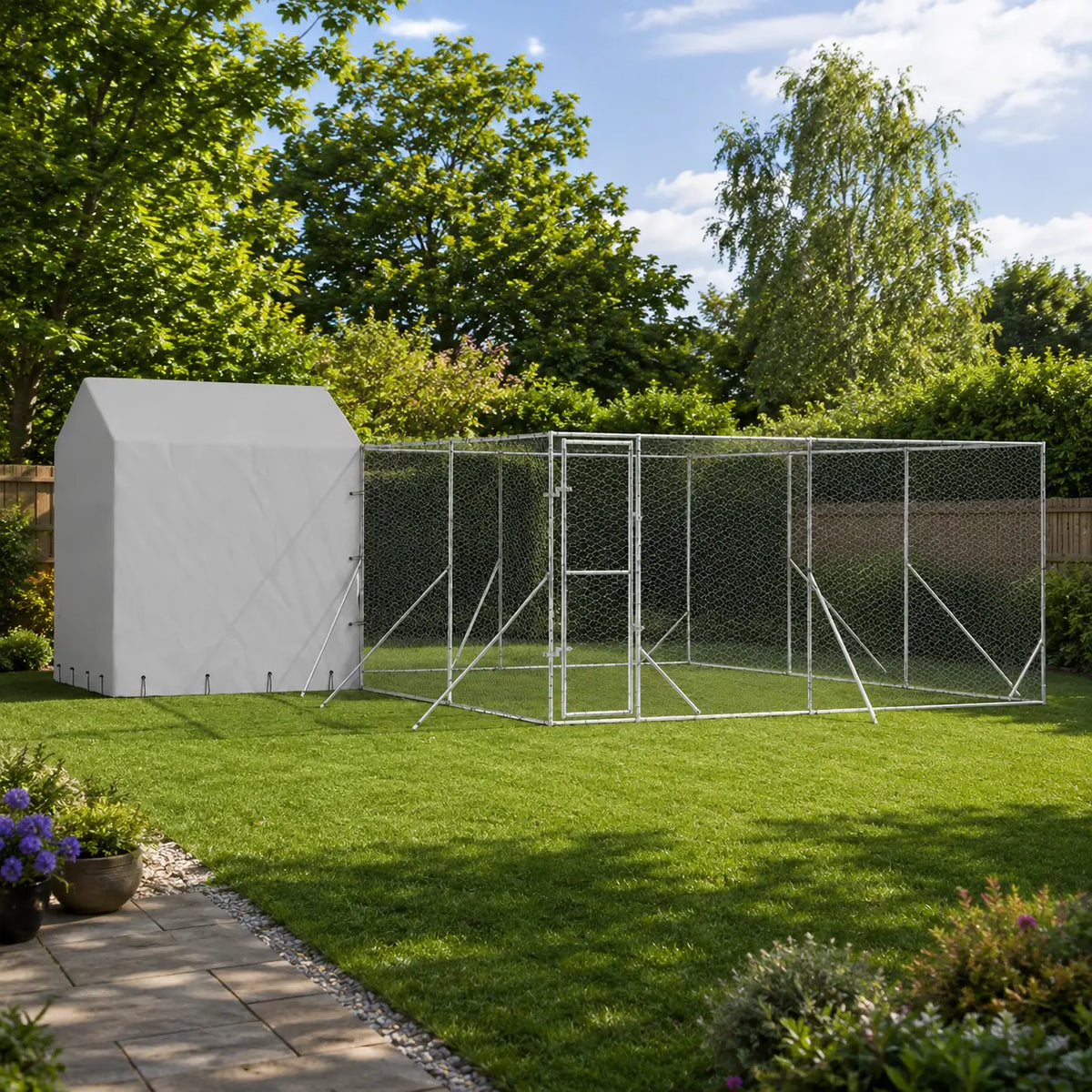 Dog kennel and run galvanised steel in garden