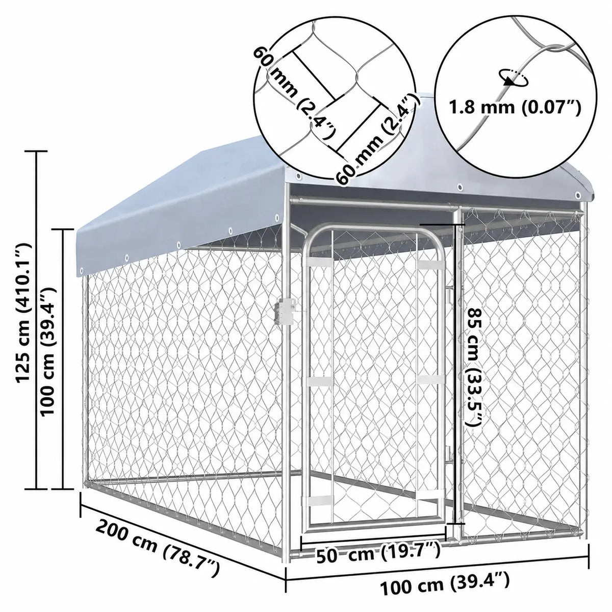 Outdoor Dog Kennel with Roof - Chain-Link Galvanised Steel