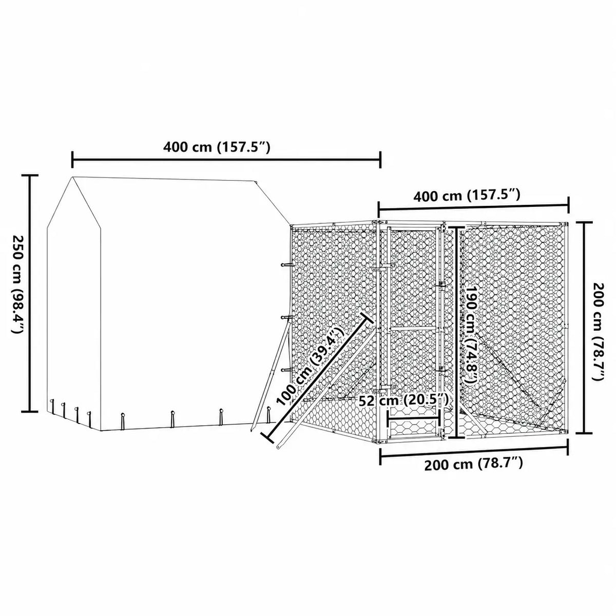 Dog Kennel and Run - Silver, Galvanised Steel