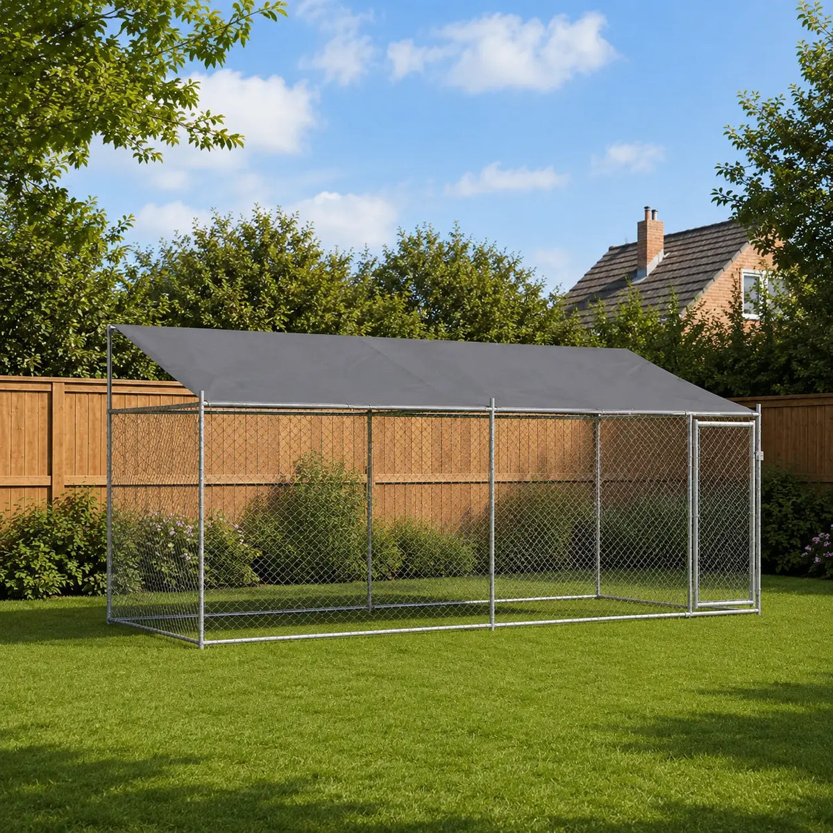 Outdoor dog kennel with roof galvanised steel in a garden