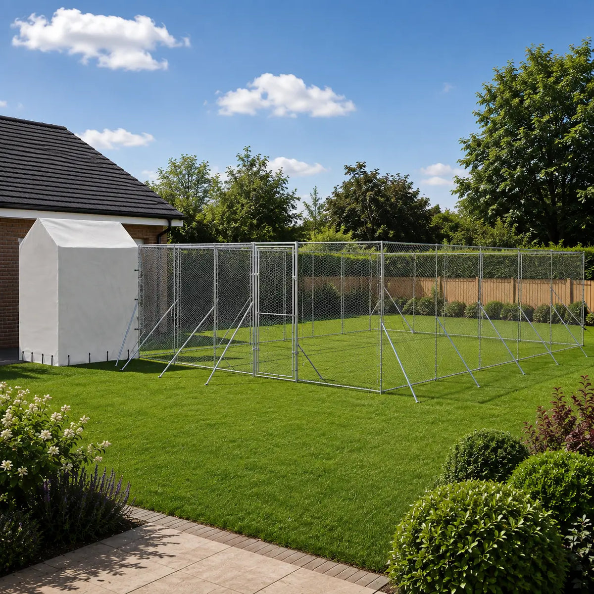 Large Dog kennel and run galvanised steel in garden