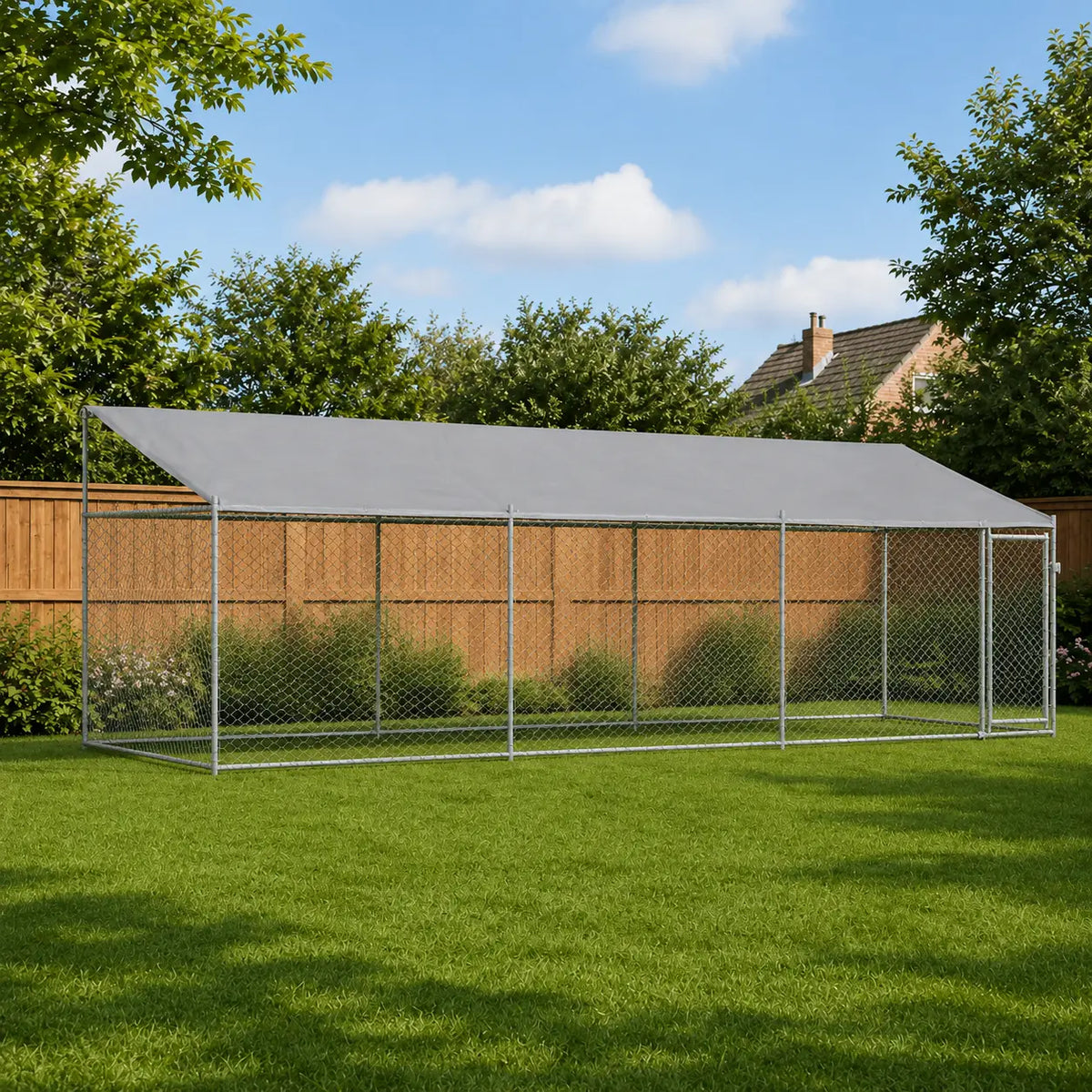 Outdoor dog kennel with roof galvanised steel in a garden