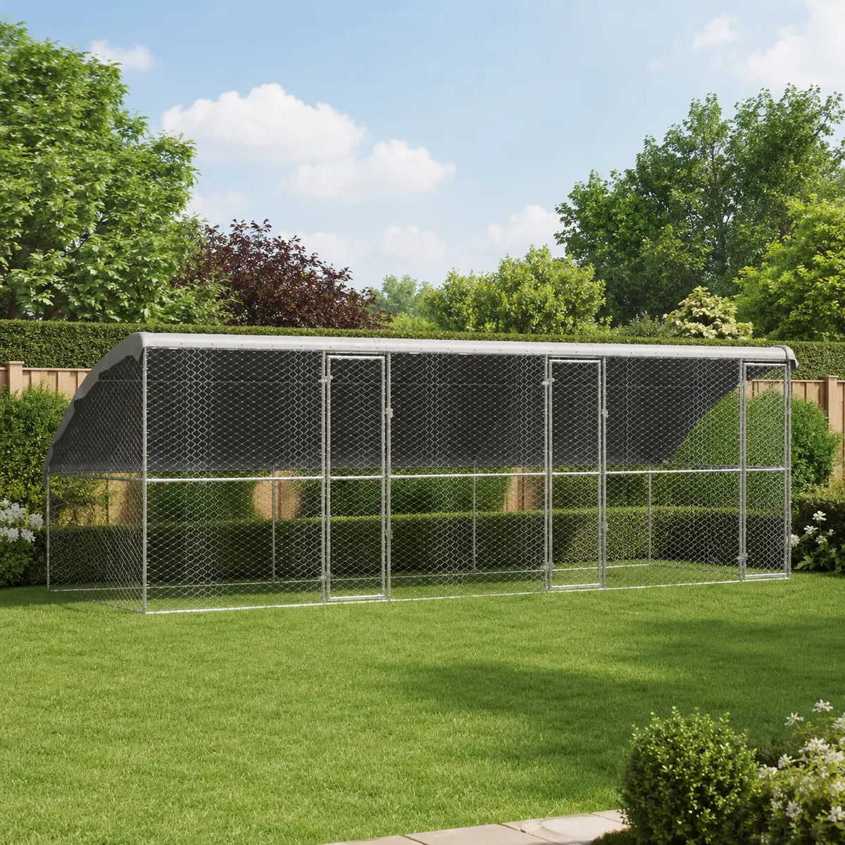 Large galvanized steel dog kennel with weatherproof roof cover set up on garden lawn